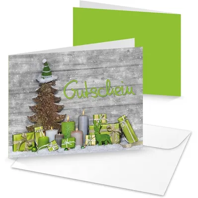 Produktbild von 10 Stück Kunden-Gutschein hell-grün grau Weihnachten Text GUTSCHEIN 14,8 x 10,5 cm gold Geschenkgutschein Einkaufsgutschein weihnachtlich Baum Geschenke
