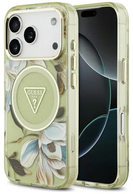 Produktbild von Handyhülle für iPhone 18 Pro / 17 Pro Guess IML Glitter Flowers Triangle mit MagSafe, Grün