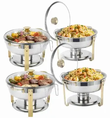 Produktbild von Buffetwärmer Set - Runde Chafing Dishes - Edelstahl - Glasdeckel - 4er Pack - Speisenwärmer für Buffet, Party und Catering
