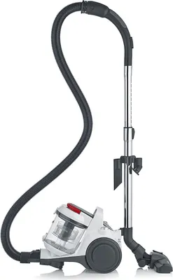 A canister vacuum cleaner with a hose and telescopic wand is shown on a white background.
