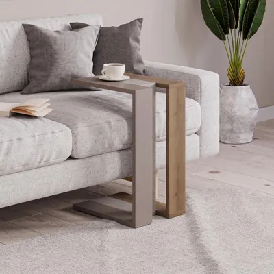 Produktbild von DECORTIE Muju Modern C Form Beistelltisch Eiche Effekt Gold Marmor Effekt Mokka Grau Mehrzweck, 30 x 40 x 57 cm