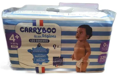 Image de Couches Carryboo pour bébés, taille 4 Plus Ultra, très absorbantes, protection 12 heures