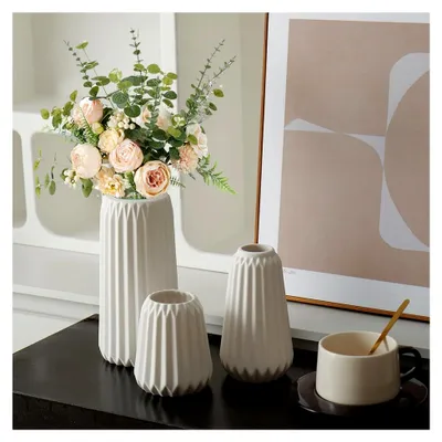 Produktbild von 3er Set Boho Vasen, Keramik Vasen für moderne Dekoration, Beige Blumenvase, Kleine Vasen für Pampasgras und Blumen, Deko für Wohnzimmer, Tisch und Fensterbank