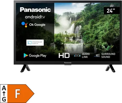 A Panasonic Android TV displayed with various feature icons and an energy efficiency label.