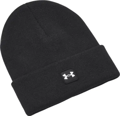 A black Under Armour beanie is shown against a white background.