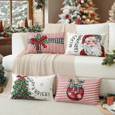Produktbild von Weihnachten Kissenbezüge 4er Set 30x50cm Weihnachtsmann Weihnachtsbaum Rot Polyester