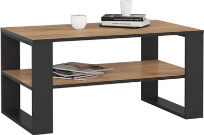 A coffee table with a wood-look top and black metal legs, shown against a white background.