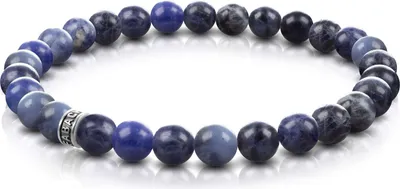 Produktbild von FABACH Sodalith Perlenarmband mit 6mm Edelstein-Perlen und 925 Sterling Silber Logo-Perle - Edles Naturstein Stretch-Armband für Damen (Blau)