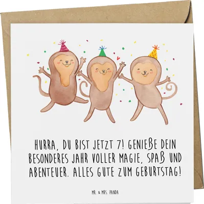 Produktbild von Mr. & Mrs. Panda Glückwunschkarte 7. Geburtstag - Weiß - Geschenk, alles Gute zum, anlasskarte, doppelkarte, Kinder, Happy Birthday, 7 Jahre alt, Abenteuer, Hurra