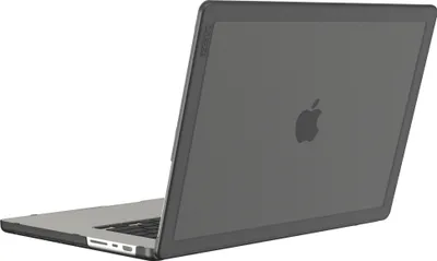 A dark gray MacBook Pro with an Apple logo on the lid, shown from a slightly elevated rear-left angle against a white background.