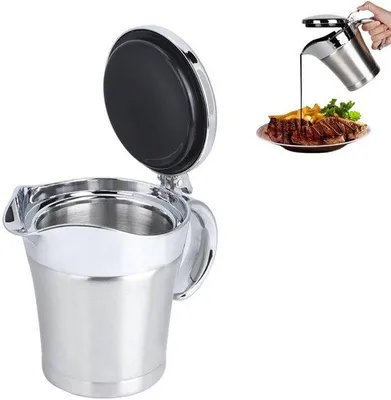 Obrázek produktu pro Dvojitě stěnová izolovaná konvička na omáčky s konvičkou – s kloubovým víkem – objem 450 ml – ergonomický design – konvička na omáčky