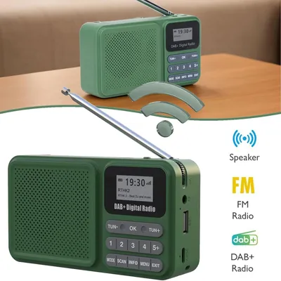 A collage of two images of a green portable radio, one showing the top and the other showing the front, with graphic elements and text overlays.