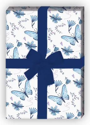 Produktbild von Zartes gemaltes Geschenkpapier mit Schmetterlingen und Blüten, weiß - G8097, 32 x 48cm