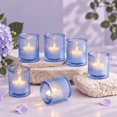12er-Set Teelichthalter aus Glas, geriffelt, blau