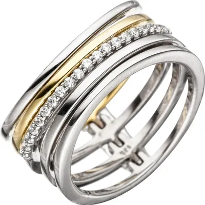 Produktbild von Breiter Ring Damenring 5-reihig mit Zirkonia weiß 925 Silber teilvergoldet Innenumfang 54mm  Ø17.2mm
