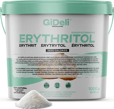 Zdjęcie produktu dla GiDeli Erytrytol 1kg wiaderko Substytut cukru Naturalny Niskokaloryczny Odpowiedni dla wegan Słodzik premium