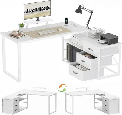 Produktbild von Schreibtisch mit Schubladen, 140x105x75cm, L Form Reversible Eckschreibtisch mit 2 USB-Ladeanschlüssen und 2 Steckdosen (Weiß mit Monitorständer, 140 x 105 x 75 cm)