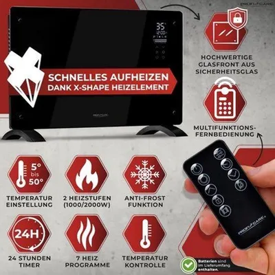 Productafbeelding van Elektrische Verwarming Mobiele Radiator - 2000 Watt Vermogen - Zwart Glasfront - Voor Binnen - Convectorverwarming