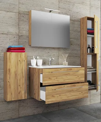 Produktbild von VCM 5-tlg. Set | 1 Waschtisch mit zwei Schubladen, 1 Spiegelschrank, 1 Waschbecken, 1 Midischrank, 1 Hochschrank | Keramik Waschbecken | hängend Unterschrank 80 cm | Badmöbel Set Waschplatz – Badinos
