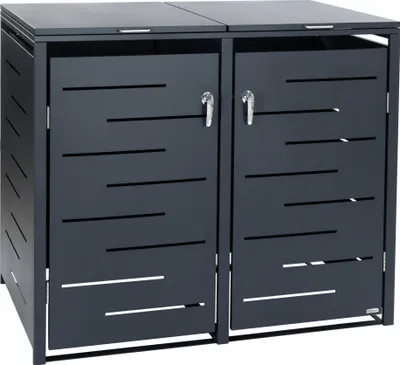 A dark gray, modern outdoor storage unit for two trash cans.