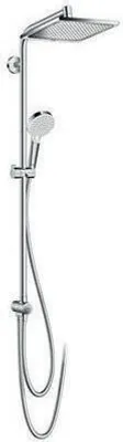 A silver showerpipe with a rain showerhead and a handheld showerhead on a white background.