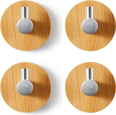 Produktbild von Holz Bambus Wandhaken, 4pcs Selbstklebend Haken Klebehaken Holz Edelstahl & Bambus Bademantelhaken Holz Selbstklebend Bademantelhaken Ohne Bohren zum Aufhängen für Küche,
