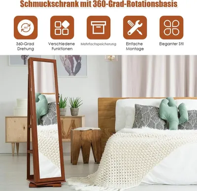 Image de Armoire à bijoux et étagère échelle en bois 2 en 1 avec miroir pleine longueur 39 x 39 x 161 cm marron