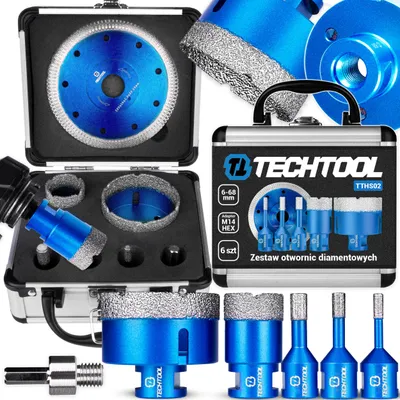 Obrázok produktu pre Sada diamantových vrtákov TECHTOOL M14 – 5-dielna 6–68 mm (6, 8, 10, 35, 68 mm) + diamantový rezací kotúč