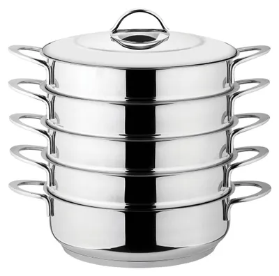 A stack of stainless steel steaming pots with a lid.