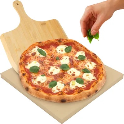 Obrázok produktu pre RUHHY Kamen na pizzu z cordieritu 38×36 cm s bambusovou lopatkou na pizzu – XXL pecný kameň na pizzu, chlieb a flambované koláče, sada 2 v 1, prírodné farby