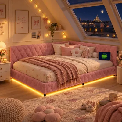 Obrázek produktu pro Postel INONEFT, rozměr 140x200 cm, čalouněná, s LED osvětlením. Jednolůžko, multifunkční postel s LED osvětlením a USB nabíjením, dětská postel, rozkládací pohovka, rám postele, materiál: plyšová látka