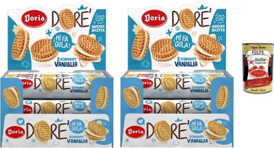 Produktbild von Doria Dore' Biscotti Frollini con Ripieno alla Vaniglia, Mürbeteig Kekse mit Vanillefüllung, Multipack 2x BOX 20x75g + Italian Gourmet polpa 400g