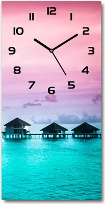 Produktbild von Wanduhr aus Glas – 30x60 cm - Glasbild - Glasuhr - Gehärtetes Glas -Bungalows auf dem Wasser