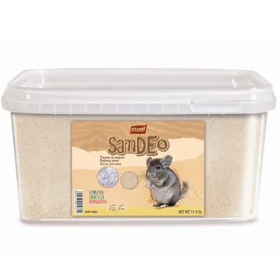 A plastic tub of chinchilla bathing sand with a label showing a chinchilla and product details.