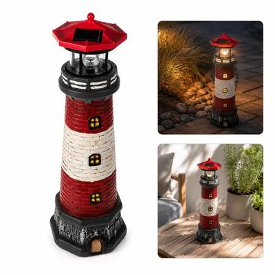 Produktbild von Solar-Leuchtturm-Dekoration für außen, 360° drehbar, 38 cm, Garten- und Hofbeleuchtung, wasserdresistente Harzfigur, maritimes Thema, rot