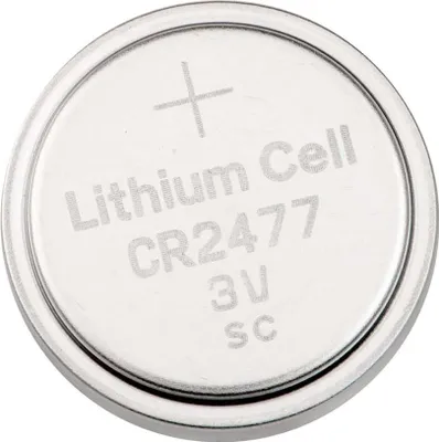 A close-up, top-down view of a single silver lithium battery.