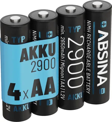Zdjęcie produktu dla ABSINA 4x akumulator AA 2900 - Akumulatory NiMH AA o napięciu 1,2 V i pojemności min. 2650 mAh - Akumulatory AA