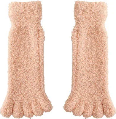 Produktbild von Paar Damen-Zehensocken aus Korallenfleece, flauschig, dick, warm, wadenlang, ideal für Herbst und Winter, als Hausschuhe oder Bodensocken.