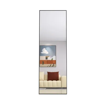 Image de Miroir pleine longueur 162 x 53 cm, sur pied, suspendu ou appuyé, grand miroir de sol avec cadre en alliage d'aluminium noir pour salon ou chambre à coucher, rectangulaire