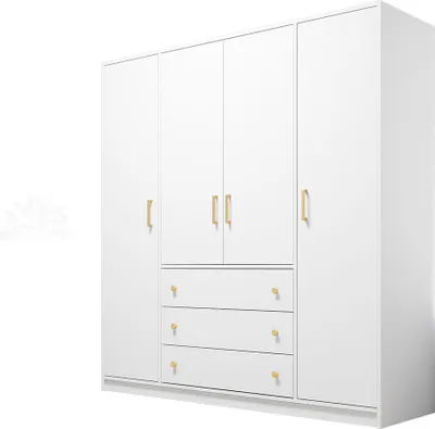 Produktbild von MIRJAN24 Drehtürenschrank Retro D4 mit 4 Drehtüren und 3 Schubladen, mit Gold Aluminumgriffe, Kleiderstange (Farbe: Weiß)