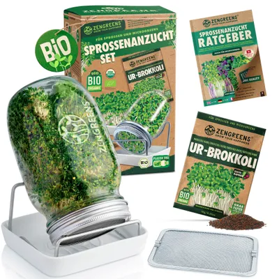 Produktbild von ZenGreens® Keimglas Set mit 1 Glas 1 L, Ständer, Schale & Keimsaat – Sprossenset