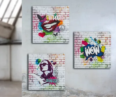 Obrázok produktu pre 3ks obraz street art na plátne "Music" / "Love" / "Wow" 30x30cm