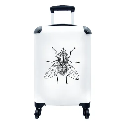 Produktbild von MuchoWow® Koffer Handgepäck Trolley Rollkoffer Kleine Reisekoffer mit 4 Rollen - Fliege - Tiere - Vintage - Schwarz und weiß - Cabin Size < 55x40x23 cm & 55x40x20 cm - Fotokoffer - Kabinenkoffer - Boardgepäck - Reise-Box - Reisekoffer - Reisegepäck - Koffer mit Bild - Trolley für Kinder
