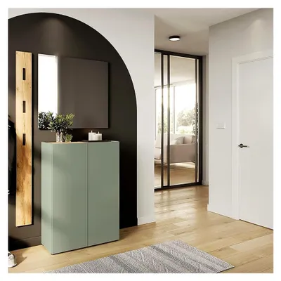 Produktbild von Garderobe in Grün mit Eiche, 3-teilig, Schuhschrank ohne Griffe, Paneel mit 3 Kleiderhaken, Spiegel 74 cm Breite, modern