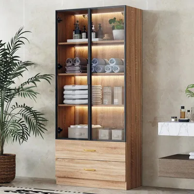 Obrázek produktu pro Skříňka do koupelny, šířka 75 cm, s LED osvětlením, skleněnými dvířky a 2 zásuvkami, vysoká, barva hnědá