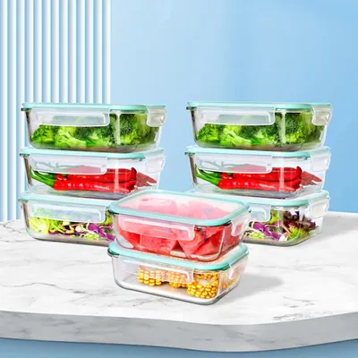 Obrázek produktu pro Skladovací nádoba z borosilikátového skla – sada na oběd 8x1040 ml – nepropustná a vzduchotěsná – vhodná do mikrovlnné trouby – stohovatelná – obdélníková – s víkem z PP – bez BPA – královská modrá
