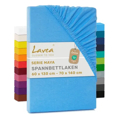 Produktbild von Lavea® Spannbettlaken 60x130cm - 70x140cm Maya Jersey, Bettlaken 100% Baumwolle, Matratzen bis 12 cm, Spannbetttücher, Himmelblau