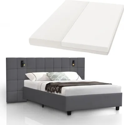 Produktbild von Juskys Samt Polsterbett 140x200 cm Luzano - LED, Matratze, Lattenrost & Kopfteil - Dunkelgrau