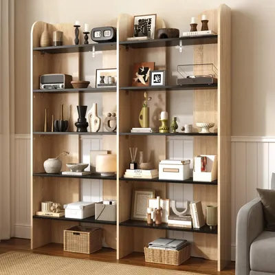 Productafbeelding van Boekenkast 160 cm hoog, staand model met 5 planken in de kleuren naturel en zwart, afmetingen 135x25x160 cm. Groot open boekenkast voor woonkamer, studeerkamer en kantoor