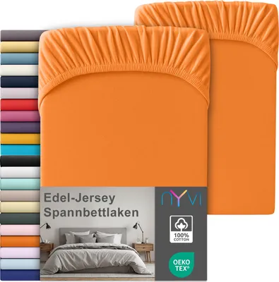 Produktbild von Edel Jersey Spannbettlaken Deluxe für Matratzen bis 25 cm Steghöhe - 100% Baumwolle supergekämmt, 140g/m², Rundumgummizug, Farbe:Orange, Größe:140-160 x 200 cm (2er Set)